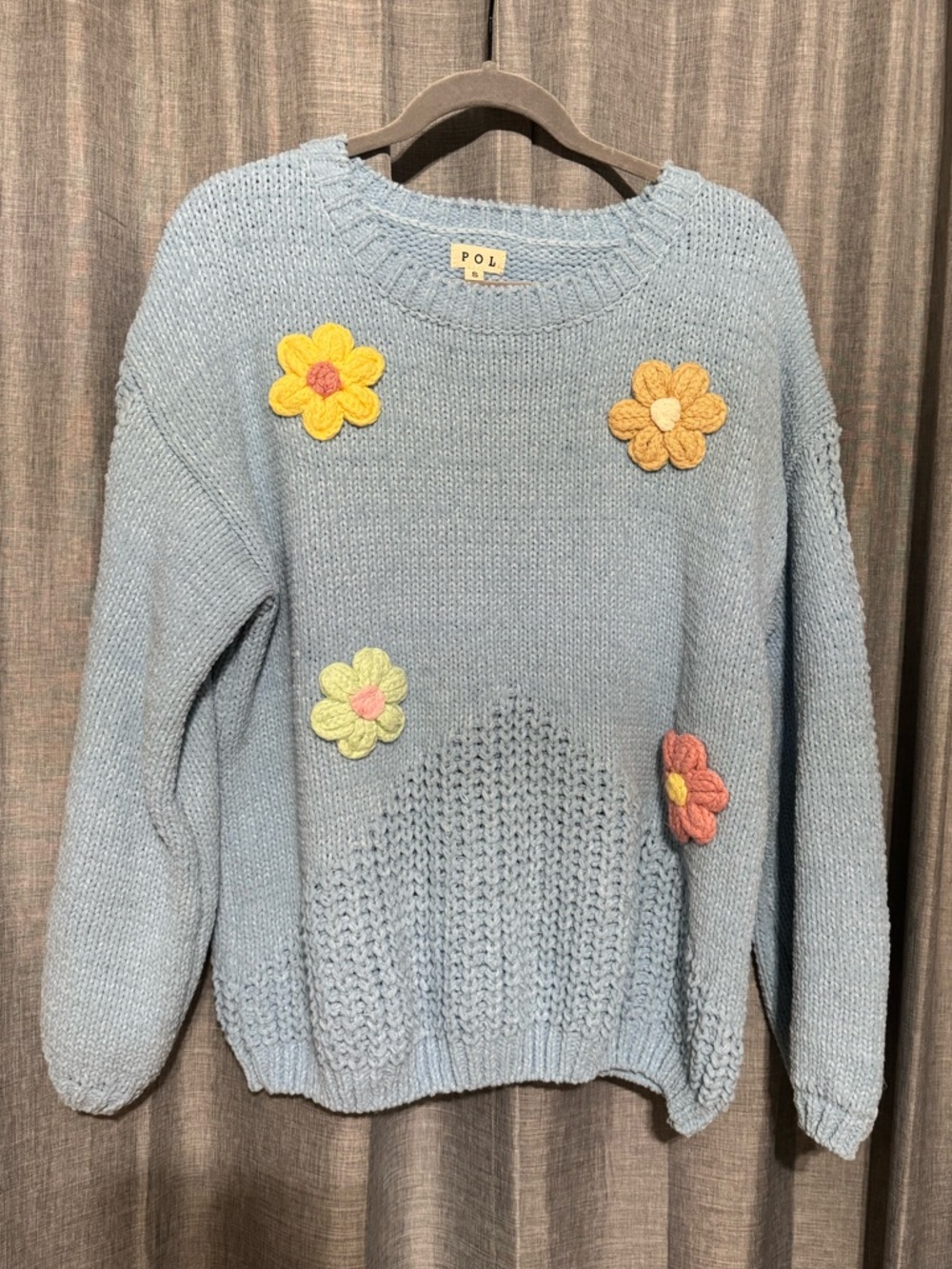 POL Blue Knit Sweater with Crocheted Flower Appliqués